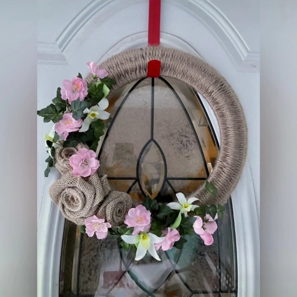 Unique handmade Spring Burlap Rose Floral Wreath, 16”, home decor, pink tan